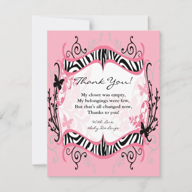 4x5 FLAT Thank you Card Girl Butterfly Zebra Print (Front)