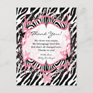 4x5 FLAT Thank you Card Girl Butterfly Zebra Print