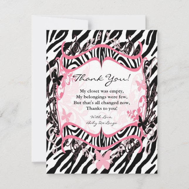 4x5 FLAT Thank you Card Girl Butterfly Zebra Print (Front)