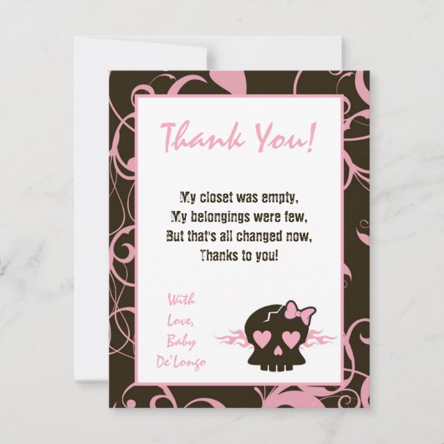 4x5 FLAT Thank You Card Girly Girl Pink Punk Skull (Front)