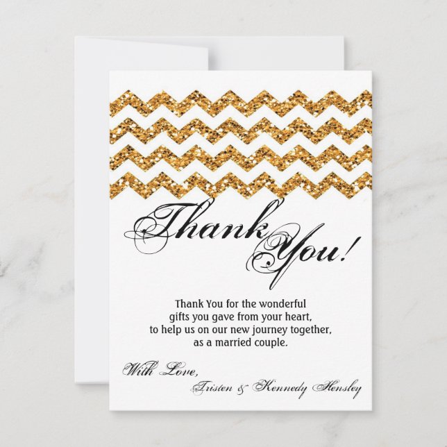 4x5 FLAT Thank You Card Gold Glitter Chevron Strip (Front)