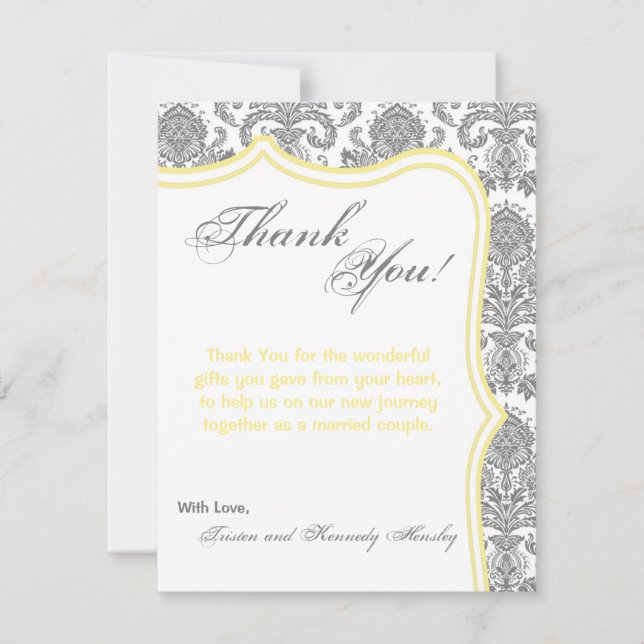 4x5 FLAT Thank You Card Grey Yellow Damask Lace (Front)