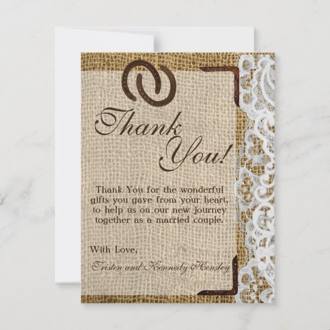 4x5 FLAT Thank You Card Horse Shoes on Burlap Lace (Front)