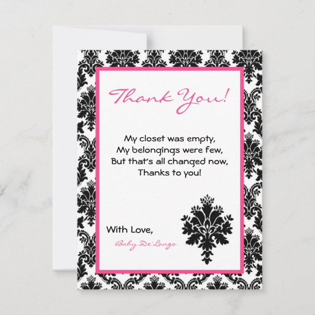 4x5 FLAT Thank you Card Hot Pink Black Damask (Front)