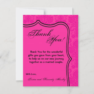 4x5 FLAT Thank You Card Hot Pink Black Damask Lace