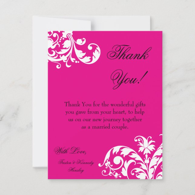4x5 FLAT Thank you Card Hot Pink Floral Filigre (Front)
