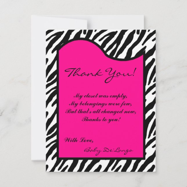 4x5 FLAT Thank you Card Hot Pink Zebra Print (Front)