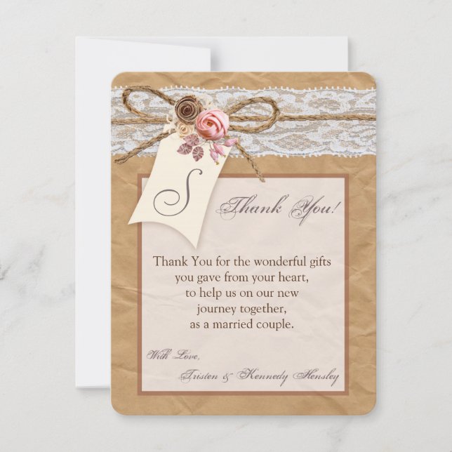 4x5 FLAT Thank You Card Kraft Paper Lace Twine Bow (Front)