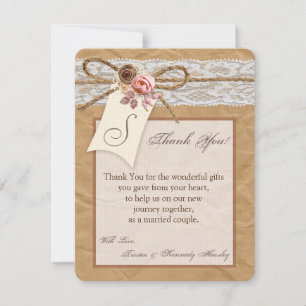 4x5 FLAT Thank You Card Kraft Paper Lace Twine Bow