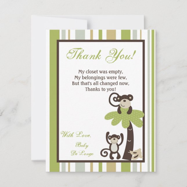 4x5 FLAT Thank You Card Monkey Time Zoo Animal (Front)