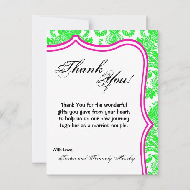 4x5 FLAT Thank You Card Neon Green Pin Damask Lace (Front)
