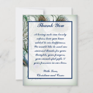4x5 FLAT Thank You Card Peacock Feathers Blue/Gree