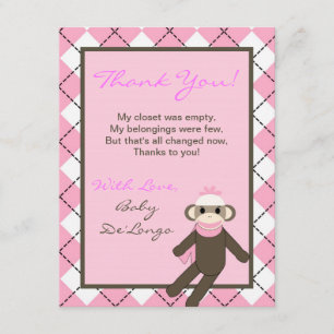 4x5 FLAT Thank you Card Pink Argyle Sock Monkey
