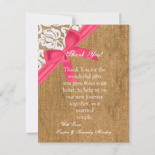 4x5 FLAT Thank You Card Pink Burlap Lace (Front)