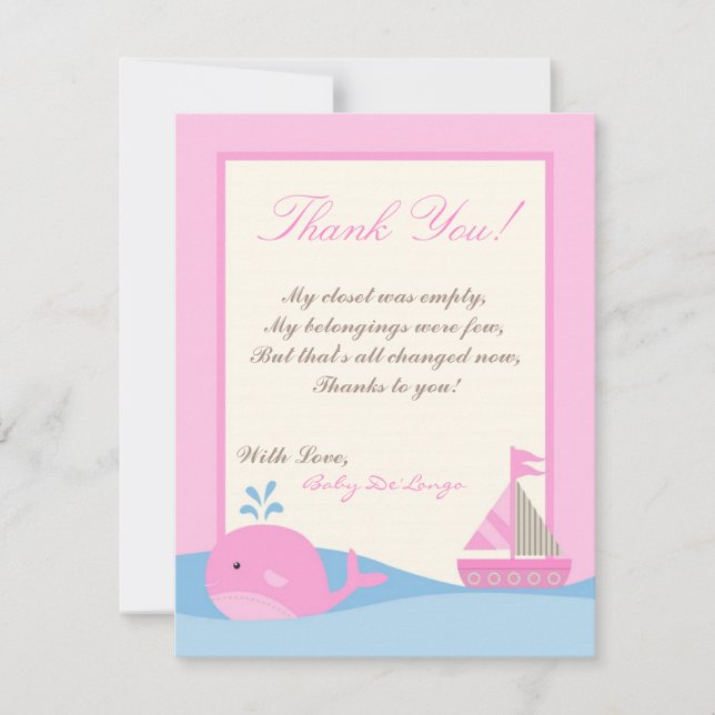 4x5 FLAT Thank you Card Pink Naut Sail Boat Whale (Front)