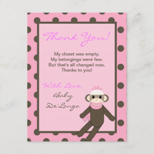 4x5 FLAT Thank you Card Pink Sock Monkey