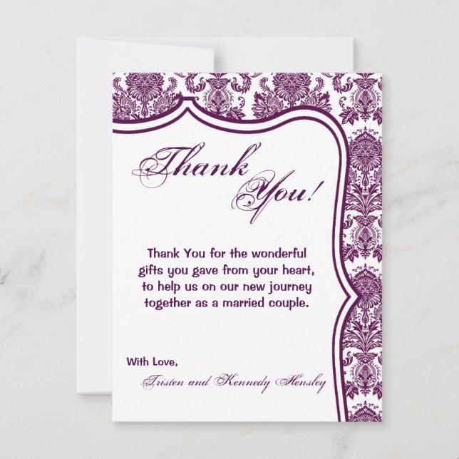 4x5 FLAT Thank You Card Plum Purple Damask Lace (Front)