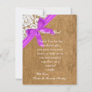 4x5 FLAT Thank You Card Purple Burlap Lace