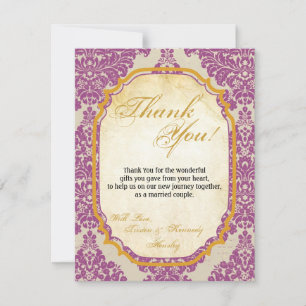 4x5 FLAT Thank You Card Purple Gold Damask Lace Pr