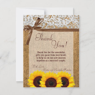 4x5 FLAT Thank You Card Sunflower Lace Burlap Coun