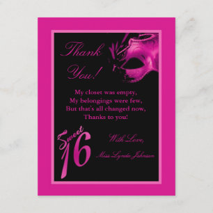 4x5 FLAT Thank you Card Sweet 16 Pink Black Party