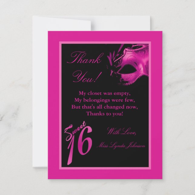 4x5 FLAT Thank you Card Sweet 16 Pink Black Party (Front)