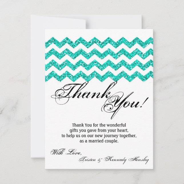 4x5 FLAT Thank You Card Teal Glitter Chevron Strip (Front)