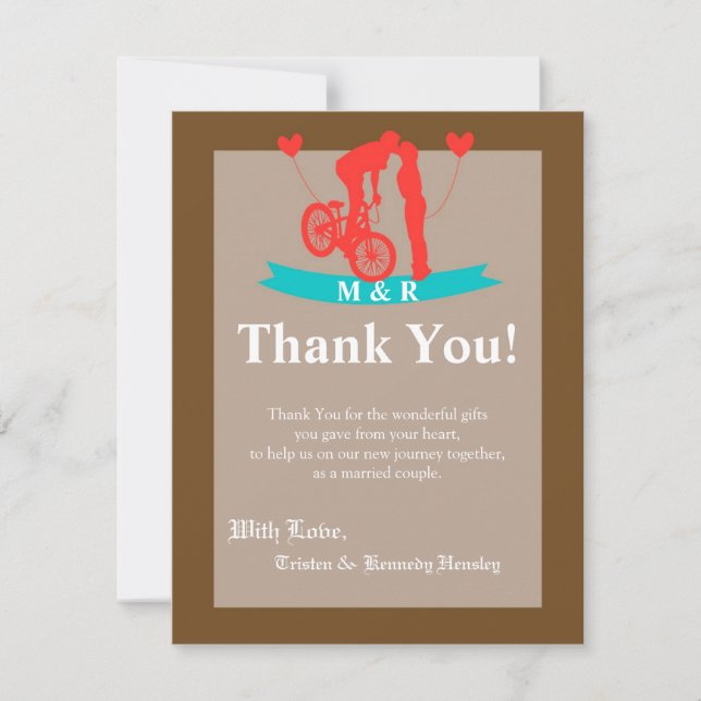 4x5 FLAT Thank You Card Teen Love Couple on Bicycl (Front)