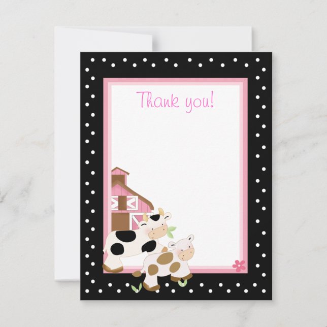 4x5 Pink Farm Baby Moo Cow Matte Flat Thank you Card (Front)