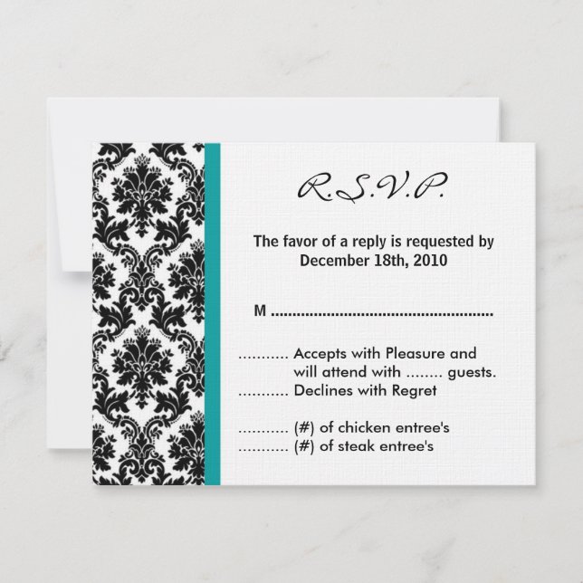 4x5 R.S.V.P. Reply Card - Black Damask Teal RSVP (Front)