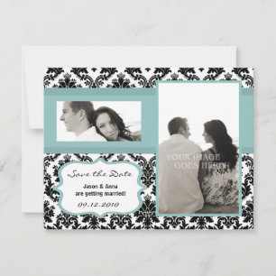 4x5 Save the Date Card Black Damask Blue