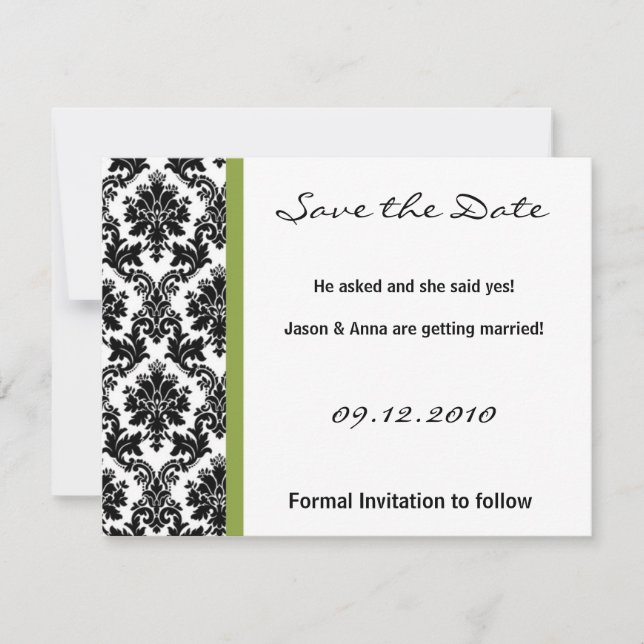 4x5 Save the Date Card - Black Damask & Green (Front)