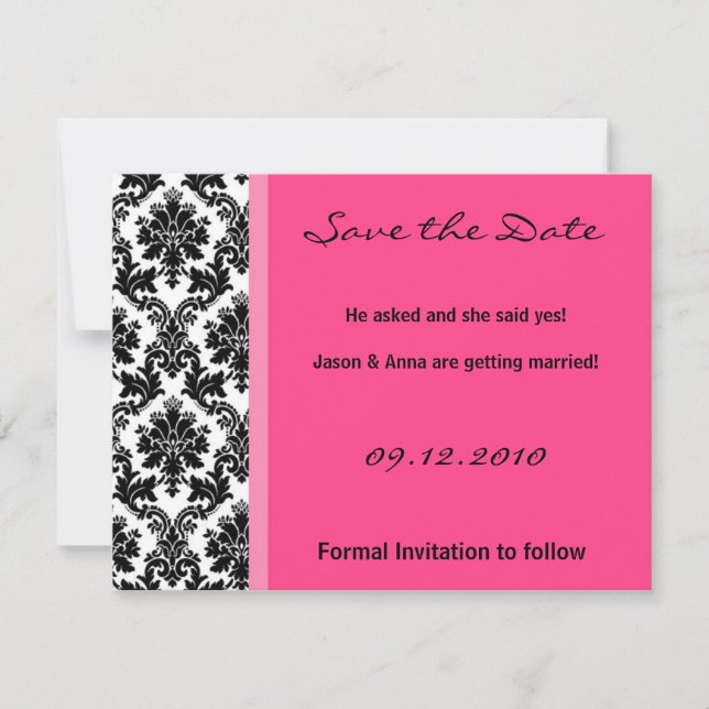 4x5 Save the Date Card - Black Damask & Hot Pink (Front)