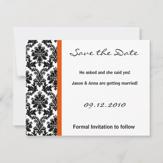 4x5 Save the Date Card - Black Damask & Orange (Front)