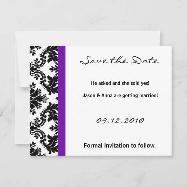 4x5 Save the Date Card - Black Damask & Purple (Front)