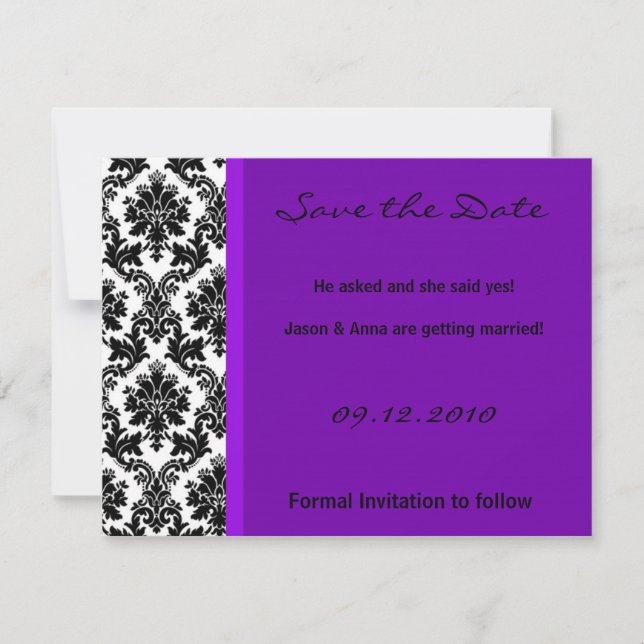 4x5 Save the Date Card - Black Damask & Purple (Front)