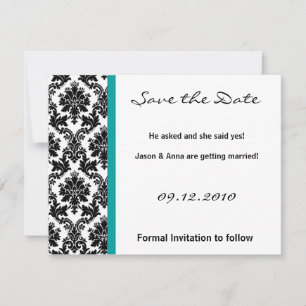4x5 Save the Date Card - Black Damask & Teal Turqu