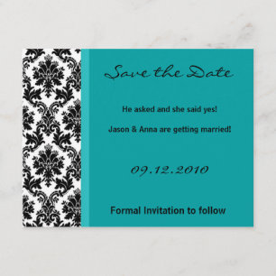 4x5 Save the Date Card - Black Damask & Teal Turqu