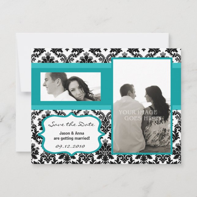 4x5 Save the Date Card - Black Damask & Teal Turqu (Front)
