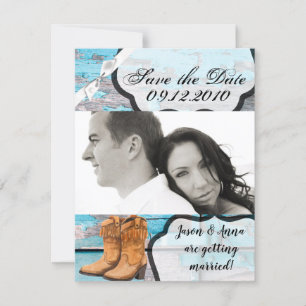 4x5 Save the Date Card Blue Wood Barn Door Boots