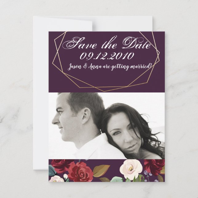4x5 Save the Date Card Plum Purple Roses Gold Geom (Front)