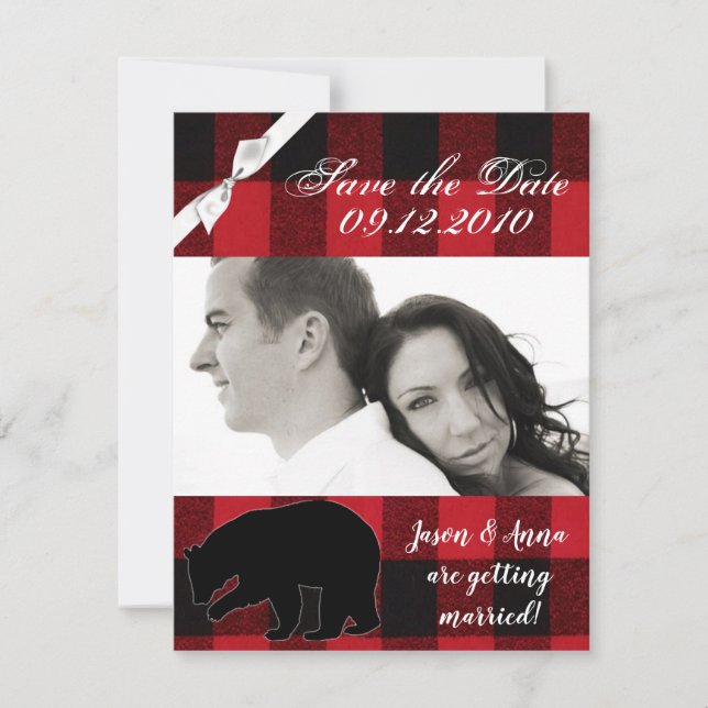 4x5 Save the Date Card Red Buffalo Plaid Bear Blac (Front)