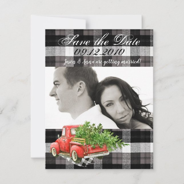 4x5 Save the Date Card XMAS Truck Baffalo Plaid Bl (Front)