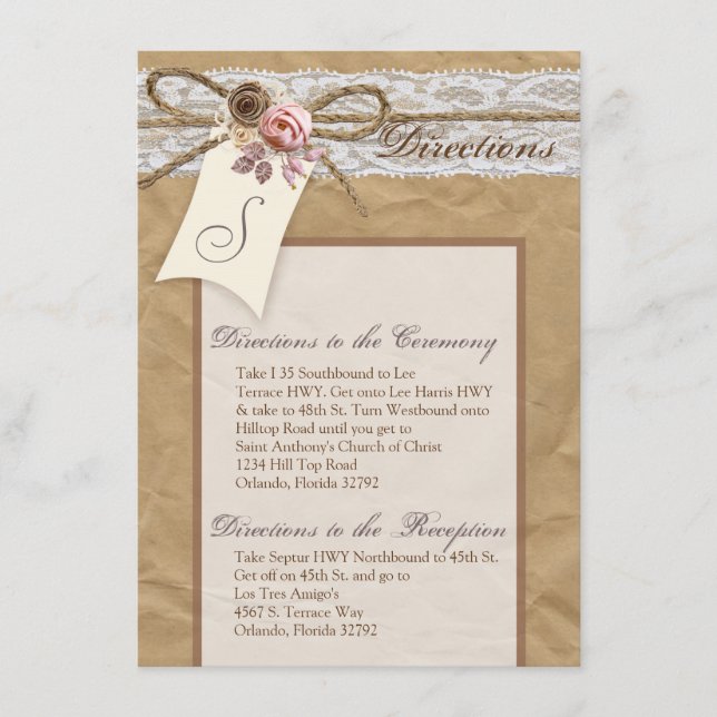 4x6 Directions Card Kraft Paper Lace Twine Bow (Front)