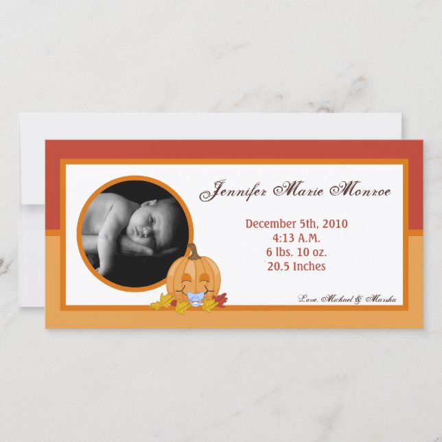 4x8 Autumn Fall Pumpkin Photo Birth Announcement (Front)