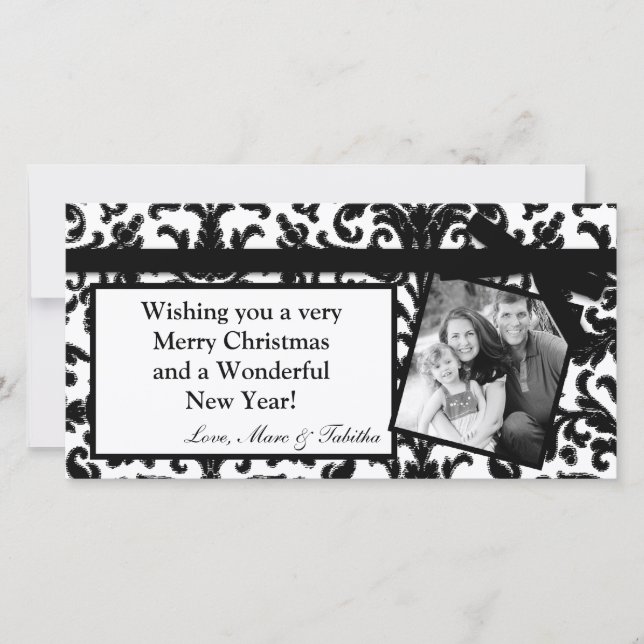 4x8 Black Damask Ribbon Frame PHOTO Christmas Card (Front)