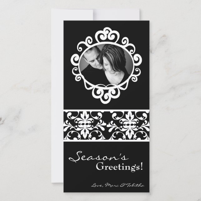 4x8 Black White Damask Frame PHOTO Christmas Card (Front)
