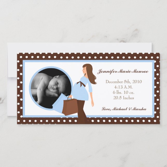 4x8 Blue Mod Mum Polka Photo Birth Announcement (Front)