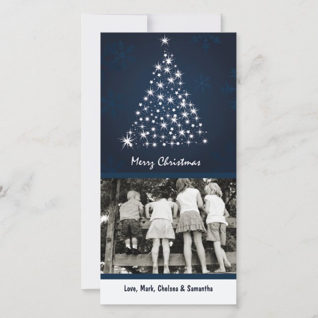 4x8 Blue Snowflake XMAS Tree PHOTO Christmas Card (Front)