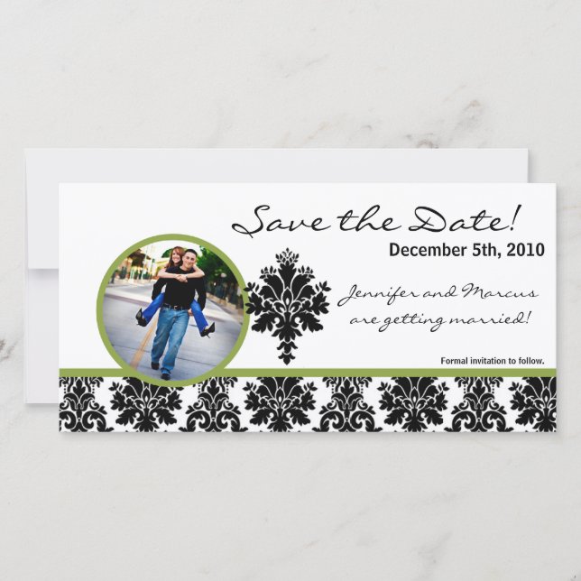 4x8 Engagement Announcement Black Green Damask (Front)